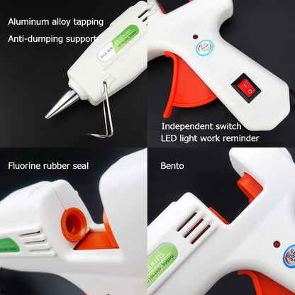 Hot glue gun kit, with 10 transparent glue sticks, 10 black glue sticks, 6 colored glue sticks, carving knife with 5 cutting heads, two pointed tweezers, 40W fast preheating glue gun