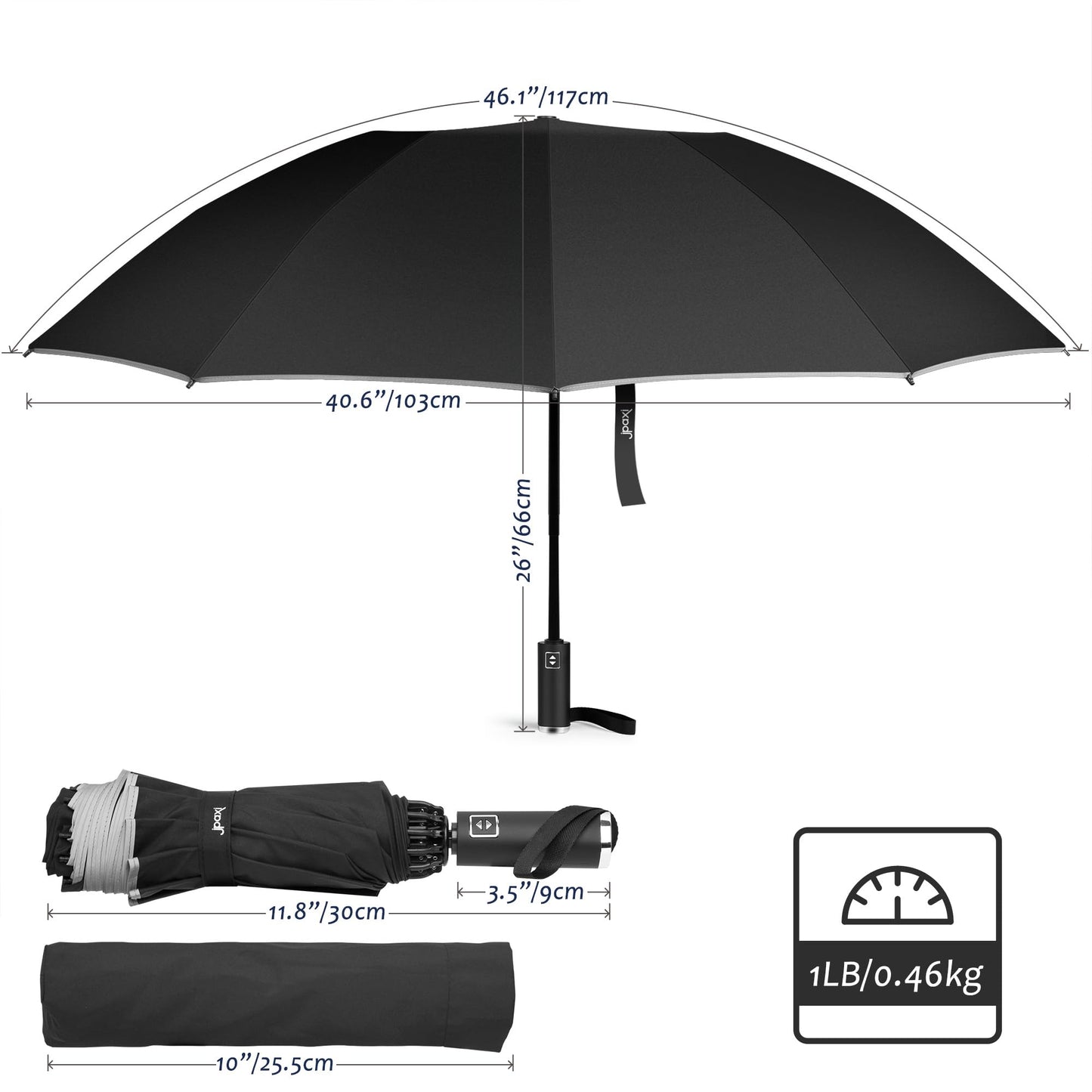 JPAXI Automatic Travel Umbrella Compact - Reverse Folding Umbrella - Lightweight Umbrella for Rain Windproof - Large Umbrella for Rain or Sun - Umbrella for Kids, Men & Women with Reflective Strips