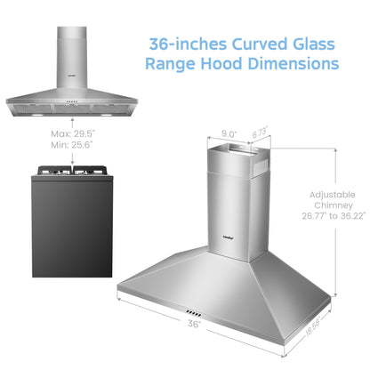 COMEEE" CVP36W6AST 36 Inch Ducted Pyramid Range 450 CFM Stainless Steel Wall Mount Vent Hood with 3 Speed Exhaust Fan, 5-Layer Aluminum Permanent Filters, Two LED Lights, Convertible to Ductless