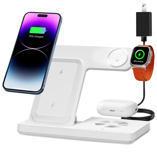 Wireless Charger, 3 in 1 Charging Station for Multi Devices, Charging Stand Dock for iPhone 8-16 Series, Apple Watch, AirPods Pro 3 2 with Adapter (White)