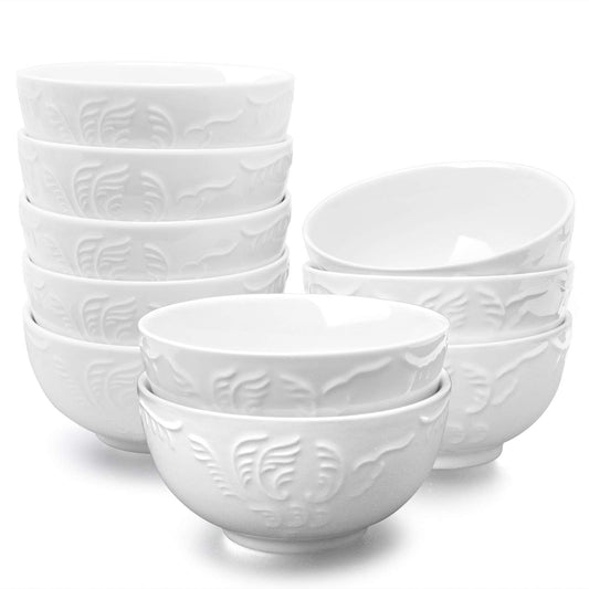amhomel Cereal Bowls Set of 10 with Embossed Texture, Porcelain Soup Bowls, 11 Ounce for Ice Cream Dessert and Condiment, Lead-Free, Dishwasher & Microwave Safe - White, 4.5 Inch