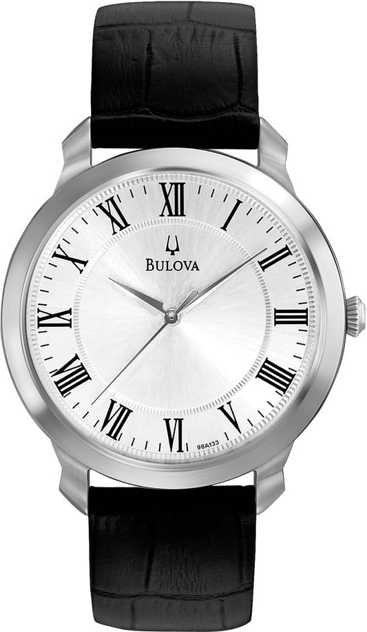 Bulova Men's Classic 3-Hand Quartz Black Leather Strap Watch, Roman Numeral Markers, 41mm