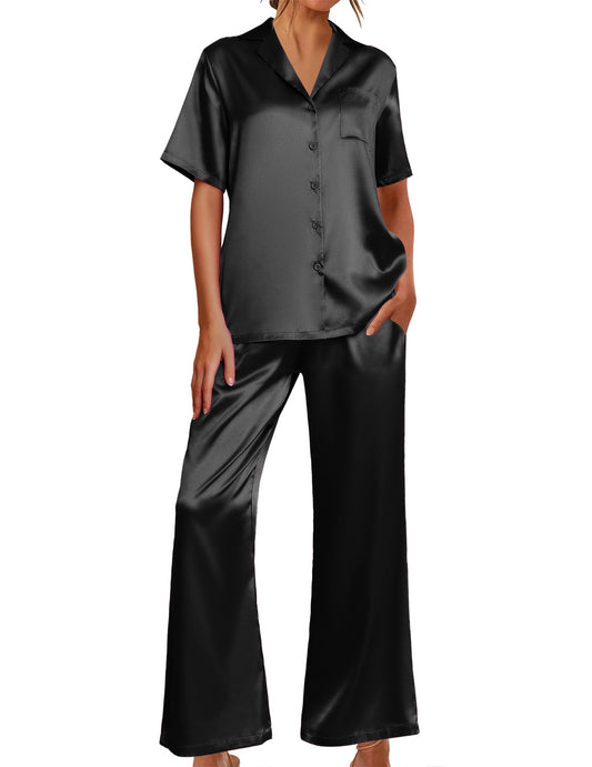 Ekouaer Silk Pajamas for Women Soft Short Sleeve Button Top Wide Leg Long Pants with Pockets Summer Satin 2 Piece Set Black,Medium