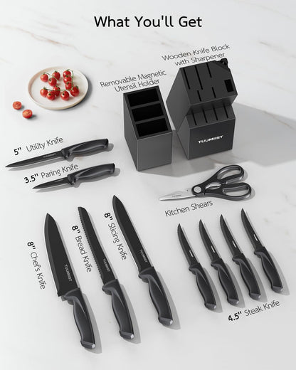 TUUMIIST 18-Piece Knife Set with Block and Sharpener