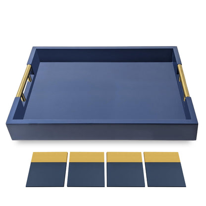 Decorative Rectangle Navy Blue Serving Tray with Handles includes 4 Matching Coasters, Ottoman Tray - Tea and Coffee Table, Modern Wooden Tray for Living Room