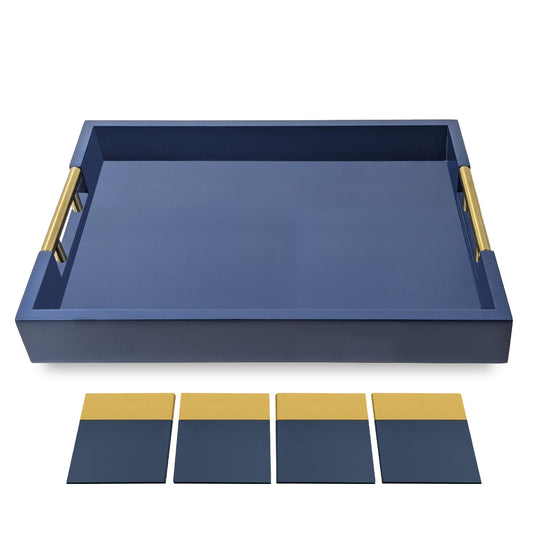 Decorative Rectangle Navy Blue Serving Tray with Handles includes 4 Matching Coasters, Ottoman Tray - Tea and Coffee Table, Modern Wooden Tray for Living Room