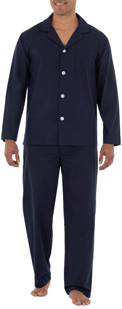 Fruit of the Loom Men's Long Sleeve Broadcloth Pajama Set, Navy, Medium