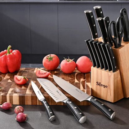 Slege 16pcs Kitchen Knife Set, High Carbon Stainless Steel, Forged Triple Rivet, with Sharpener and Kitchen Shear, Classic Straight Handle