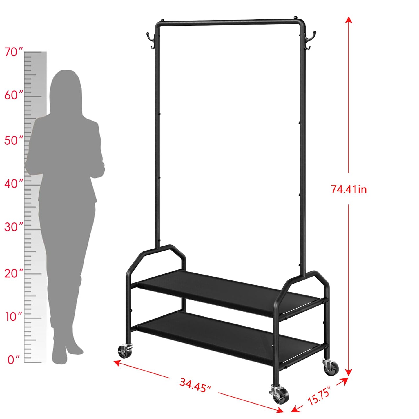 Wiracks Rolling Clothes Rack with Bottom Shelves