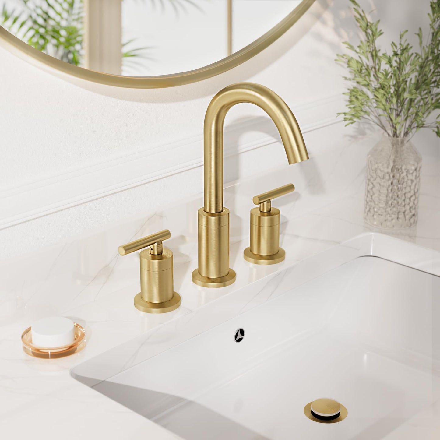 Phiestina Brushed Gold Bathroom Sink Faucet, Widespread 8 Inch 3 Hole Rotatable 360 Degree Modern Bathroom Faucet, with Pop Up Drain and Water Supply Line, WF03-1-BG