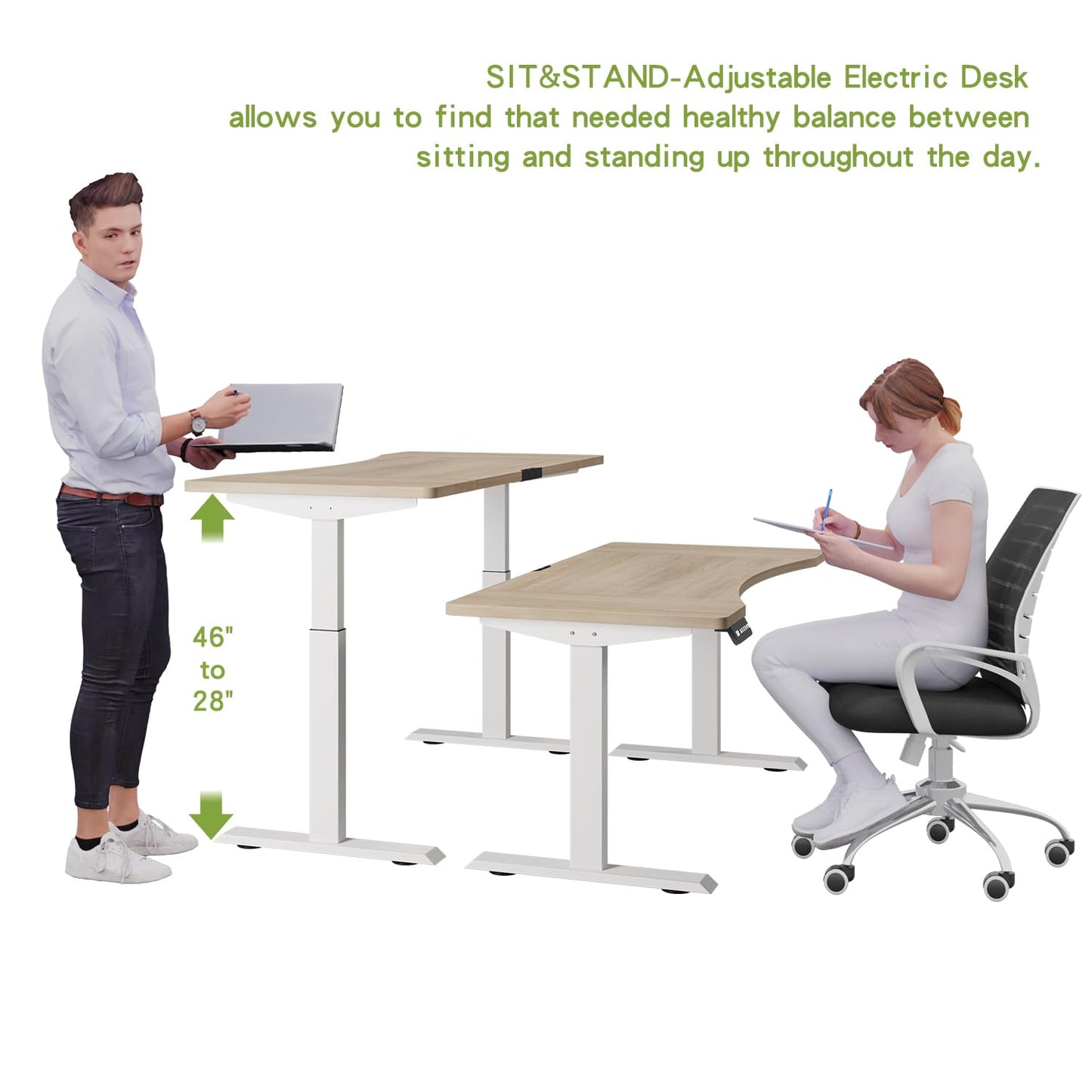 Radlove Dual Motors Height Adjustable 55 x 30'' Electric Standing Desk with Curved Design Stand Up Table 4 Memory Keys, Computer Desk with Splice Board Home Office Desk, Oak Top + White Frame