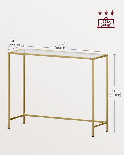 VASAGLE 39.4 Inches Console Table, Tempered Glass Sofa Table, Modern Entryway Table, Metal Frame, Easy to Assemble, Adjustable Feet, for Living Room, Hallway, Gold Color ULGT26G