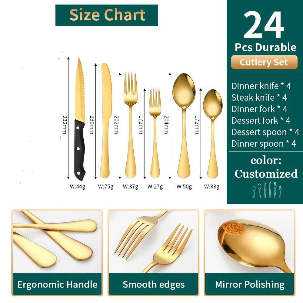 A · HOUSEWARE Gold Flatware Set For 4 With Steak Knives 24 Piece Stainless Steel Silverware Forks and Spoons Kitchen Daily Use Festival Parties Casual or Formal Occasions…