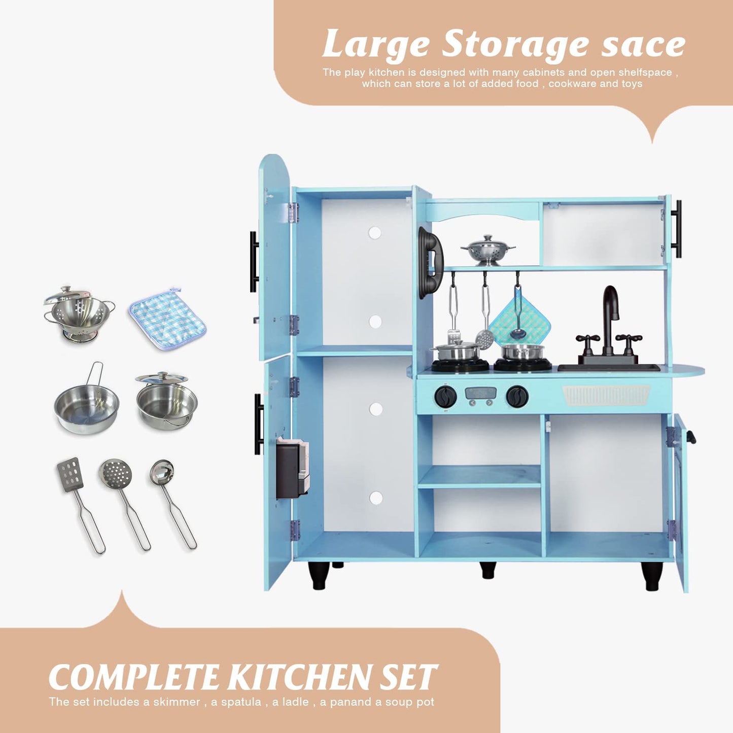 TaoHFE Toy Kitchen,Blue Kids Kitchen Playset for Kids Ages 4-8 Boys Gift Girls Play Kitchen Sets for Kids Kitchen Playset with Lights & Sounds Wooden Toy Kitchen Playset Gift Kids Kitchen Set