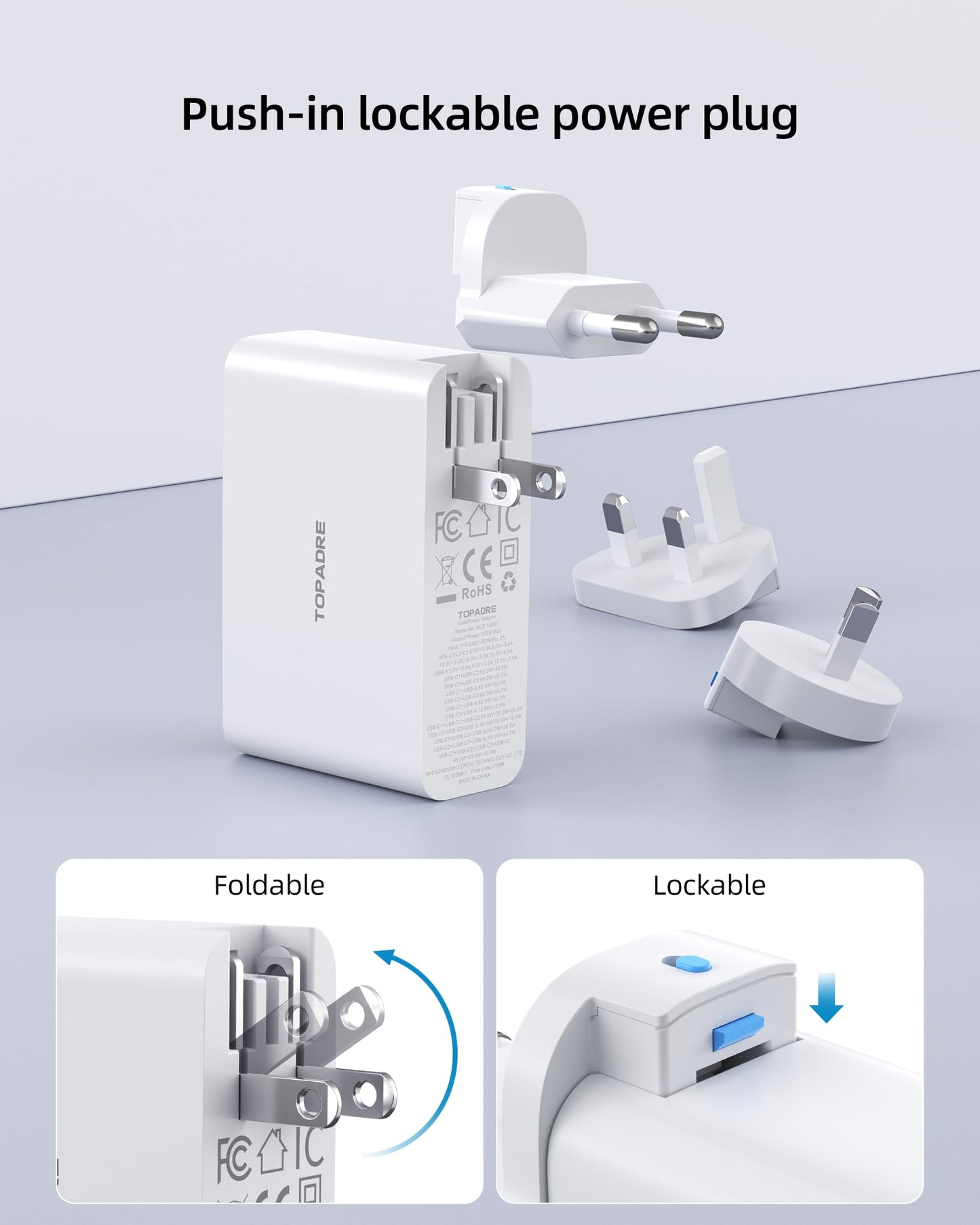Topadre 100W USB C Travel Charger, 4-Ports Foldable Travel Adapter Plug Converter with UK/EU/AU Plugs,Fast Charging for Macbook Pro/Air,for iPad Pro/iPhone 16/15 Pro Max, for 45w Samsung Galaxy, White