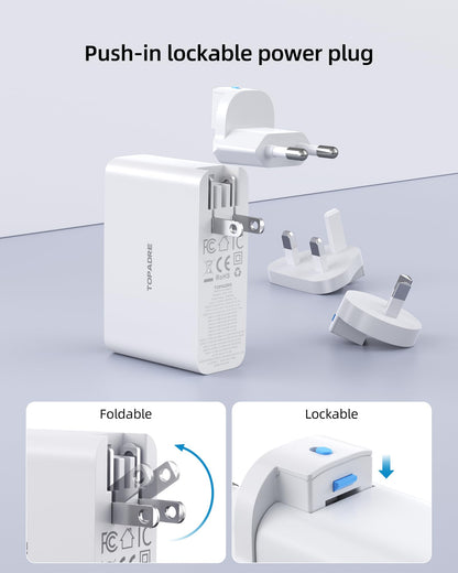 Topadre 100W USB C Travel Charger, 4-Ports Foldable Travel Adapter Plug Converter with UK/EU/AU Plugs,Fast Charging for Macbook Pro/Air,for iPad Pro/iPhone 16/15 Pro Max, for 45w Samsung Galaxy, White