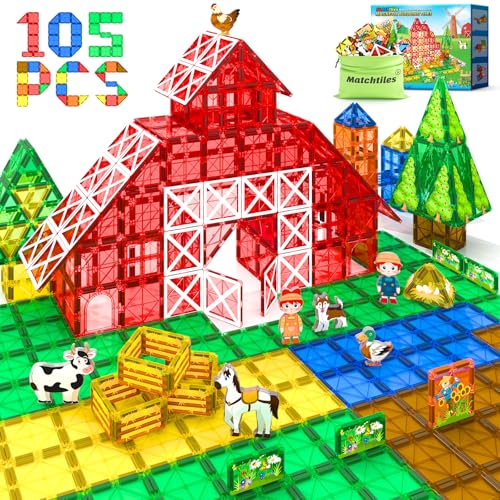 105PCS Magnetic Tiles Farm Animal Building Blocks Set