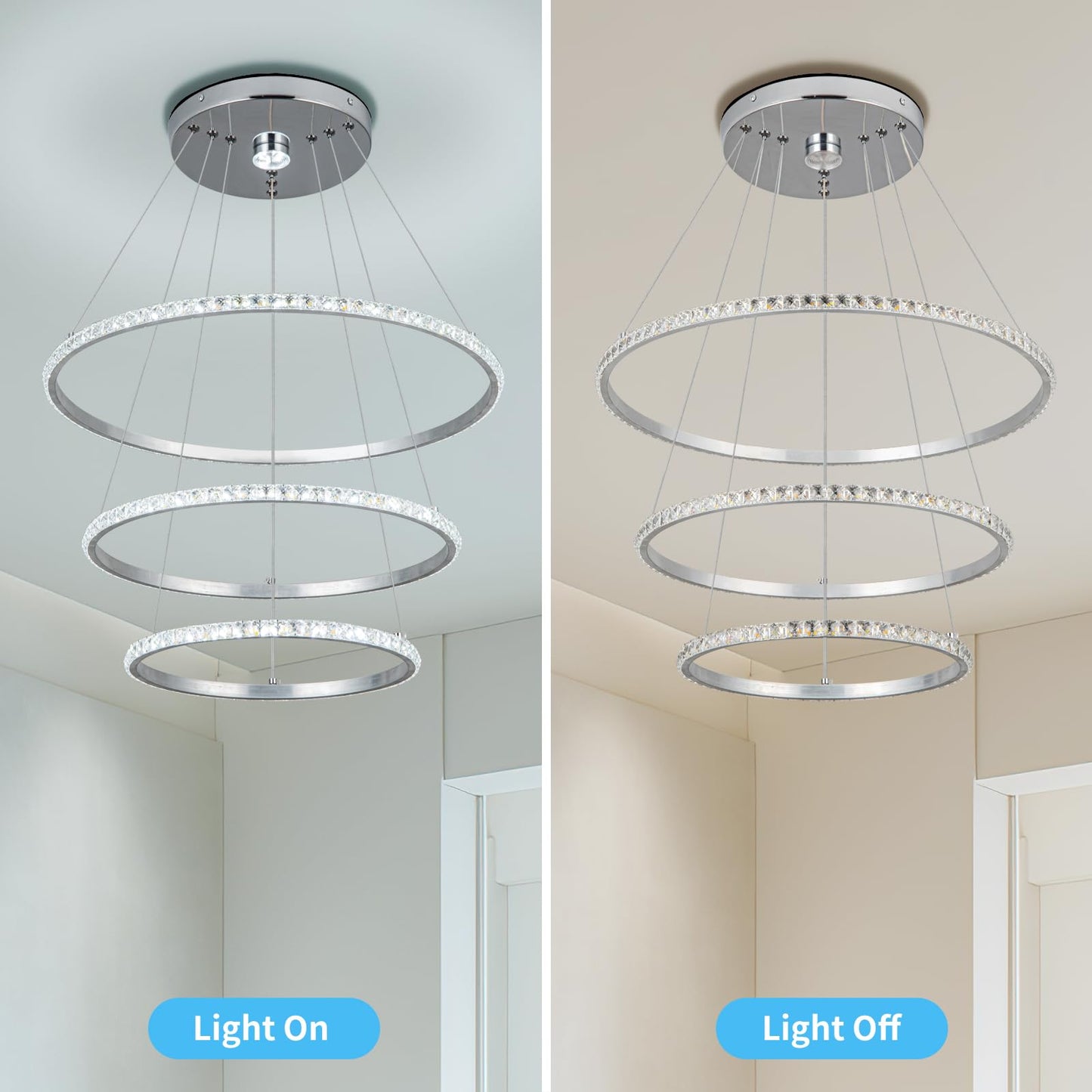 YONGYIPE LED Chandeliers Modern 3 Ring Chandelier Crystal Light Fixture Adjustable Pendant Lighting for Living Room Bedroom Dining Room (Cool White)