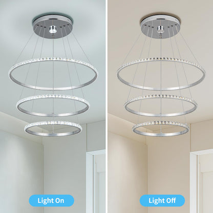 YONGYIPE LED Chandeliers Modern 3 Ring Chandelier Crystal Light Fixture Adjustable Pendant Lighting for Living Room Bedroom Dining Room (Cool White)