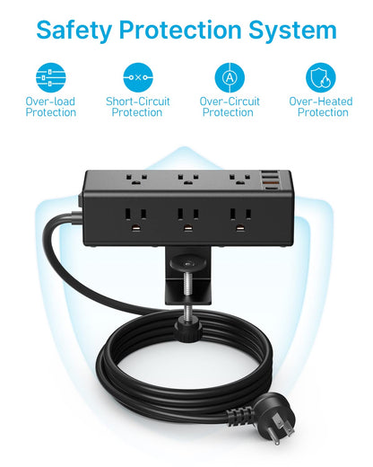 Desk Clamp Power Strip with USB Ports, 9 Outlets