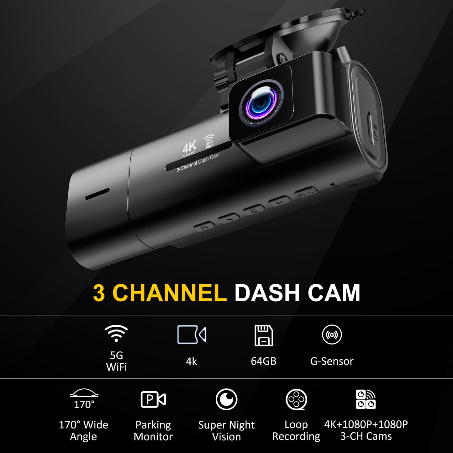 3-Channel Dash Cam with Night Vision