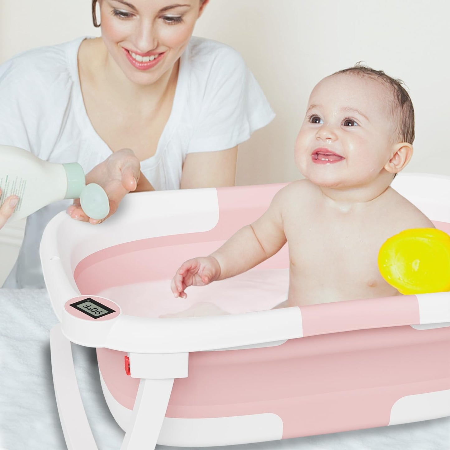 NAPEI Collapsible Baby Bathtub,Baby Bath Tub with Soft Cushion & Thermometer,Baby Bathtub Newborn to Toddler 0-36 Months,Portable Travel Baby Tub,Pink