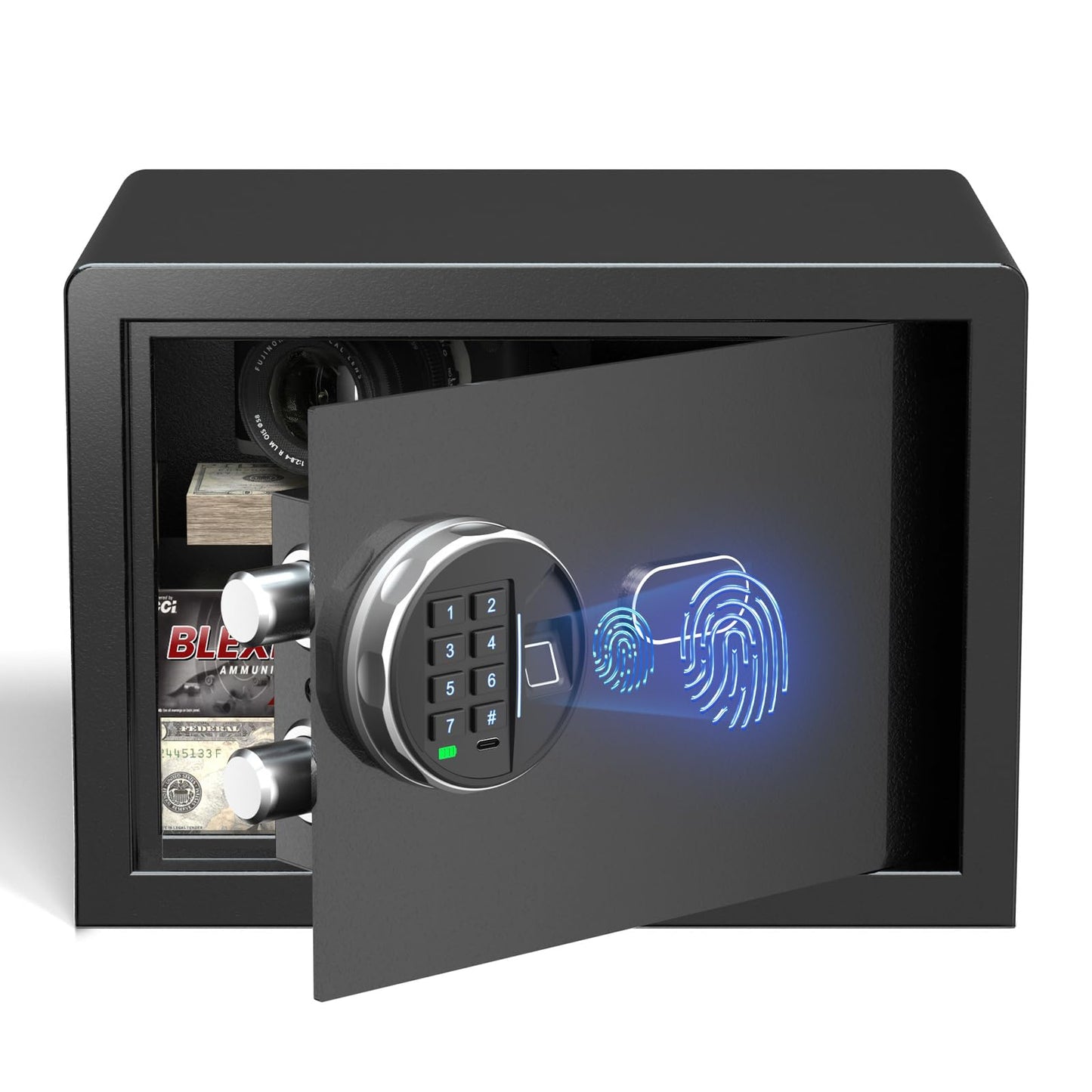 Grimtron Fingerprint Safe - (0.80 cu. ft.) Biometric Safe Box with Silent Mode Small Safe with Backlit Keypad and LED Light, Smart Jewelry Safe, Caja Fuerte with Anti-Rust Closet Safe with Anti-Theft