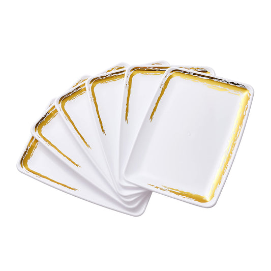 N9R 6 Pack White Plastic Serving Trays with Gold Rim- 11“ x 8“ Rectangle Serving Platters - Tray Decor, Food Tray, Serving Trays for Party