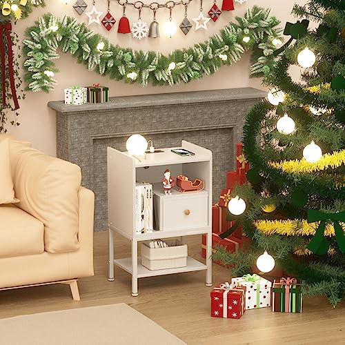Gannyfer Nightstand with Charging Station,Night Stand with USB Ports and Storage Drawer,Modern 3-Tier End Side Table,Small Wood Bedside Table for Bedroom,Living Room,White