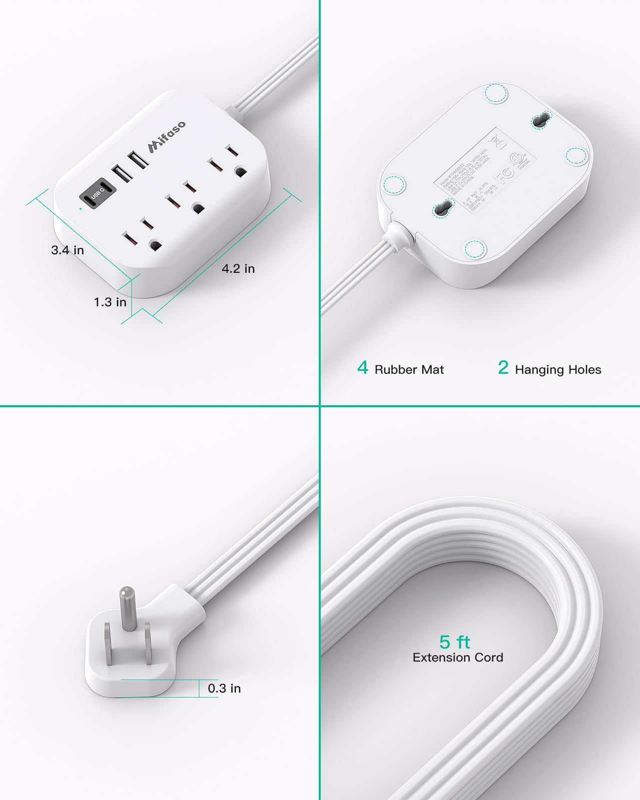 Mifaso 5Ft Power Strip with 4 USB Ports