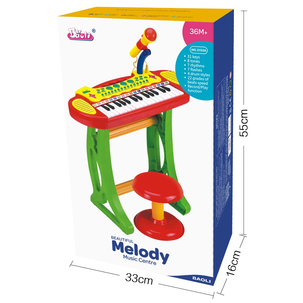 Kids Piano Keyboard Toys 31 Keys,Electronic Piano for Beginners,3 4 5 6 7 8 Years Old Toddler Girl Boy Gift,Musical Instrument, w/Microphone,Multiple Sounds,Stool,Recordings,Note Stickers - Red
