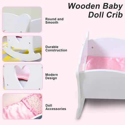 Wooden Baby Doll Cradle with Bedding for Kids