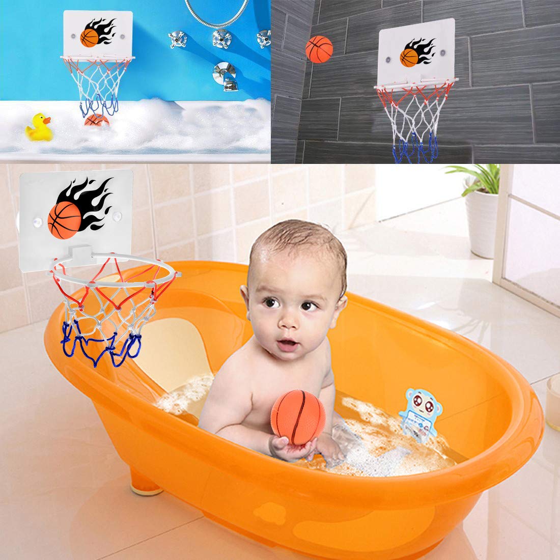 SEISSO Basketball Hoop Bath Toys for for Toddler, Kids Basketball Hoops for Game Sport, 2 Soft Ball & Pump, Upgrade Suction Cup