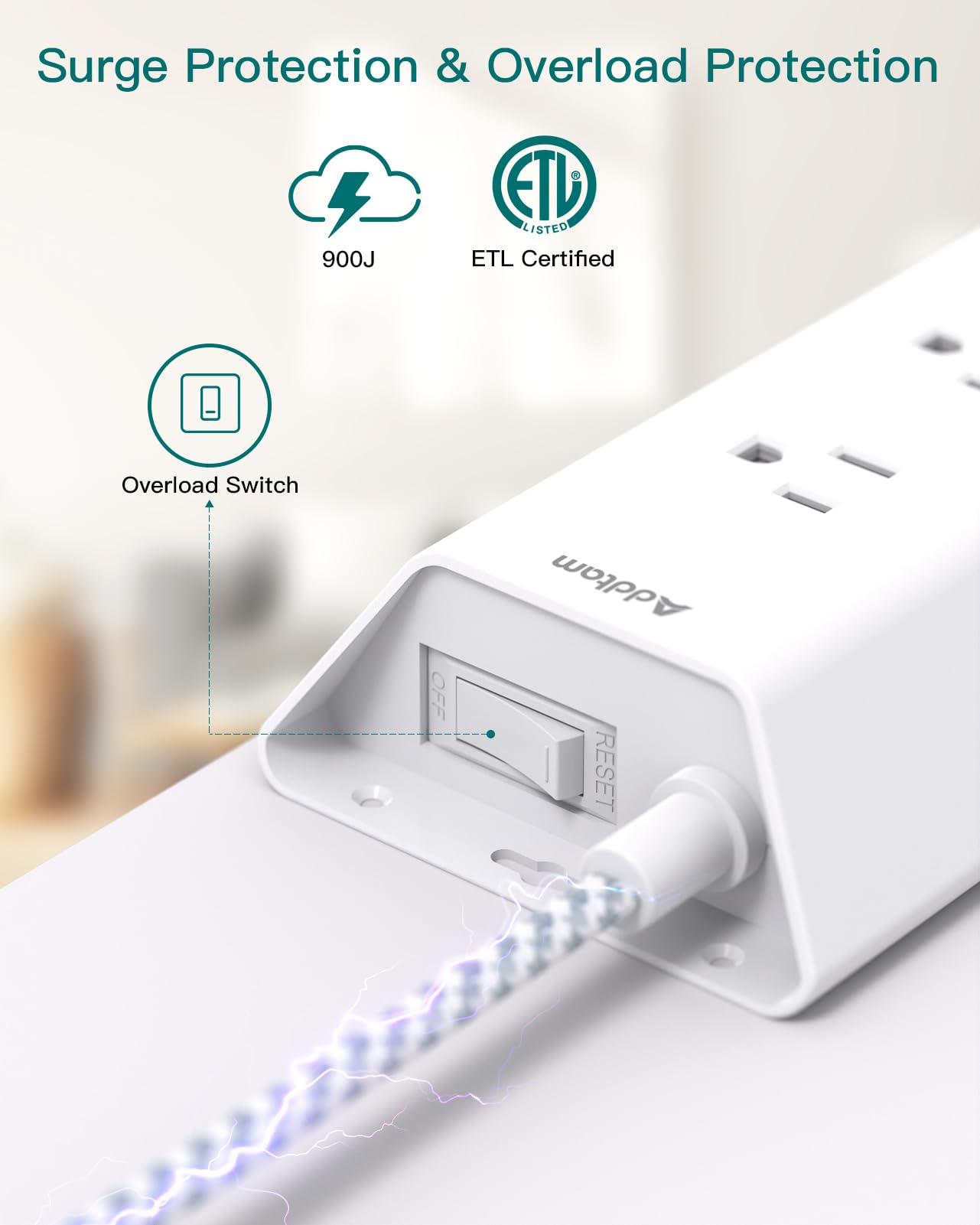 Addtam 15ft Surge Protector Power Strip with USB