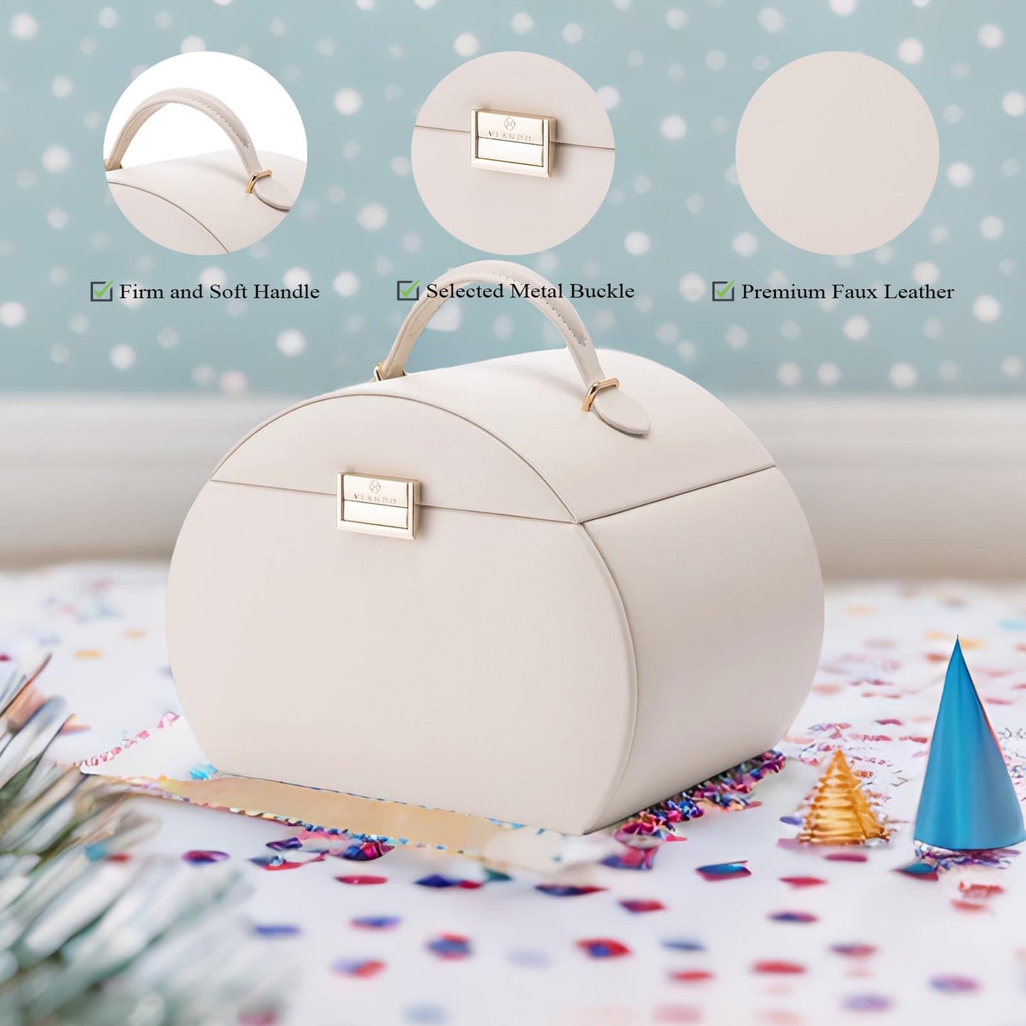 Vlando Jewelry Box Organizer, Leather Mirrored Jewelry Case in Princess Style, Necklaces Earrings Rings Watch Storage Holder, Beige