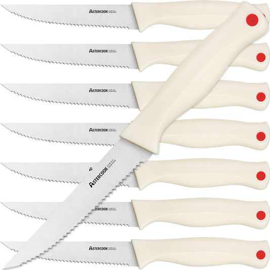 Astercook Steak Knife, Steak Knives Set of 8 with Sheath, Dishwasher Safe High Carbon Stainless Steel Steak Knife with Cover, White