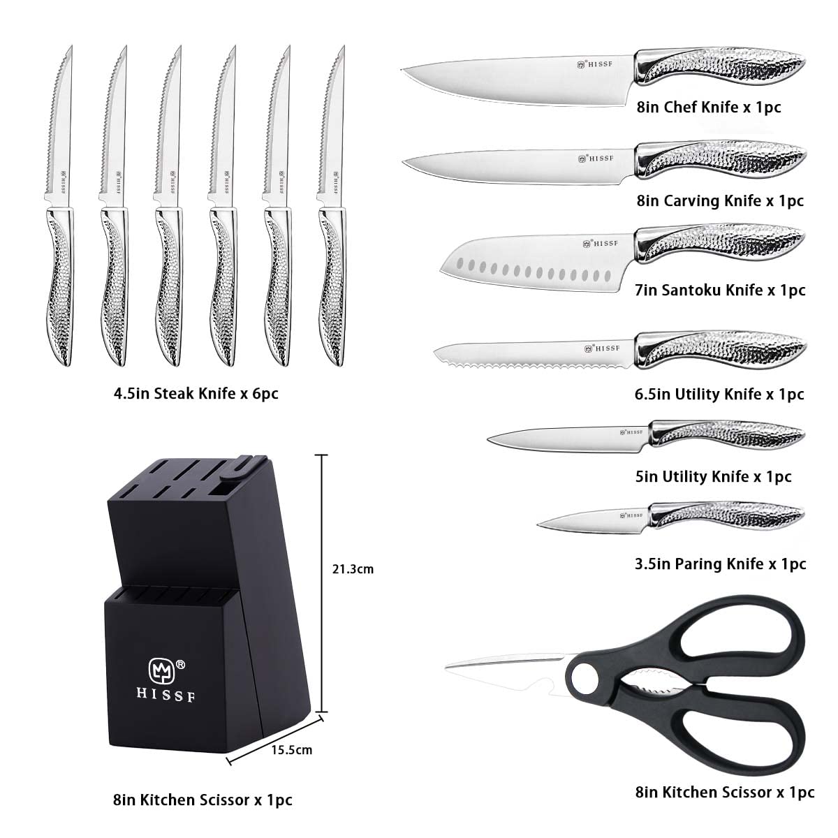 Knife set, HISSF Knife Set for Kitchen with Block, 14 Piece Kitchen Knife Set with Built-in Sharpener, Professional High Carbon Stainless Steel Kitchen Knives For Chopping, Slicing, Dicing