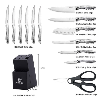 Knife set, HISSF Knife Set for Kitchen with Block, 14 Piece Kitchen Knife Set with Built-in Sharpener, Professional High Carbon Stainless Steel Kitchen Knives For Chopping, Slicing, Dicing