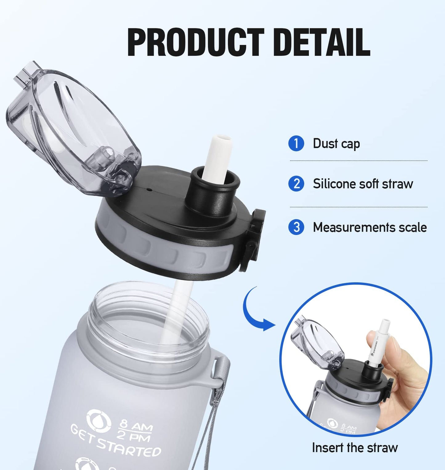 NOIFYS Motivational 32 oz/24 oz Water Bottle with Time Marker, Updated BPA Free Leak Proof Water Bottles，Options include a fruit strainer or both a strainer and straw, Perfect For Fitness Gym Outdoor