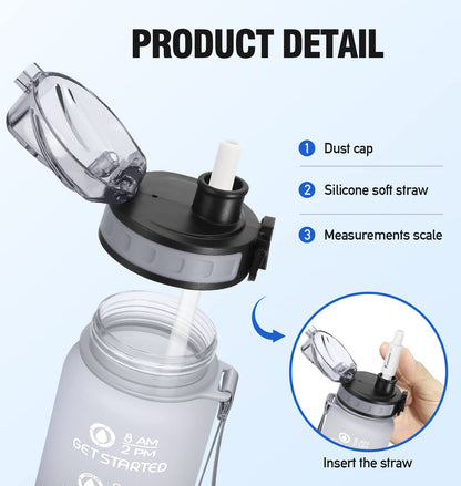 NOIFYS Motivational 32 oz/24 oz Water Bottle with Time Marker, Updated BPA Free Leak Proof Water Bottles，Options include a fruit strainer or both a strainer and straw, Perfect For Fitness Gym Outdoor