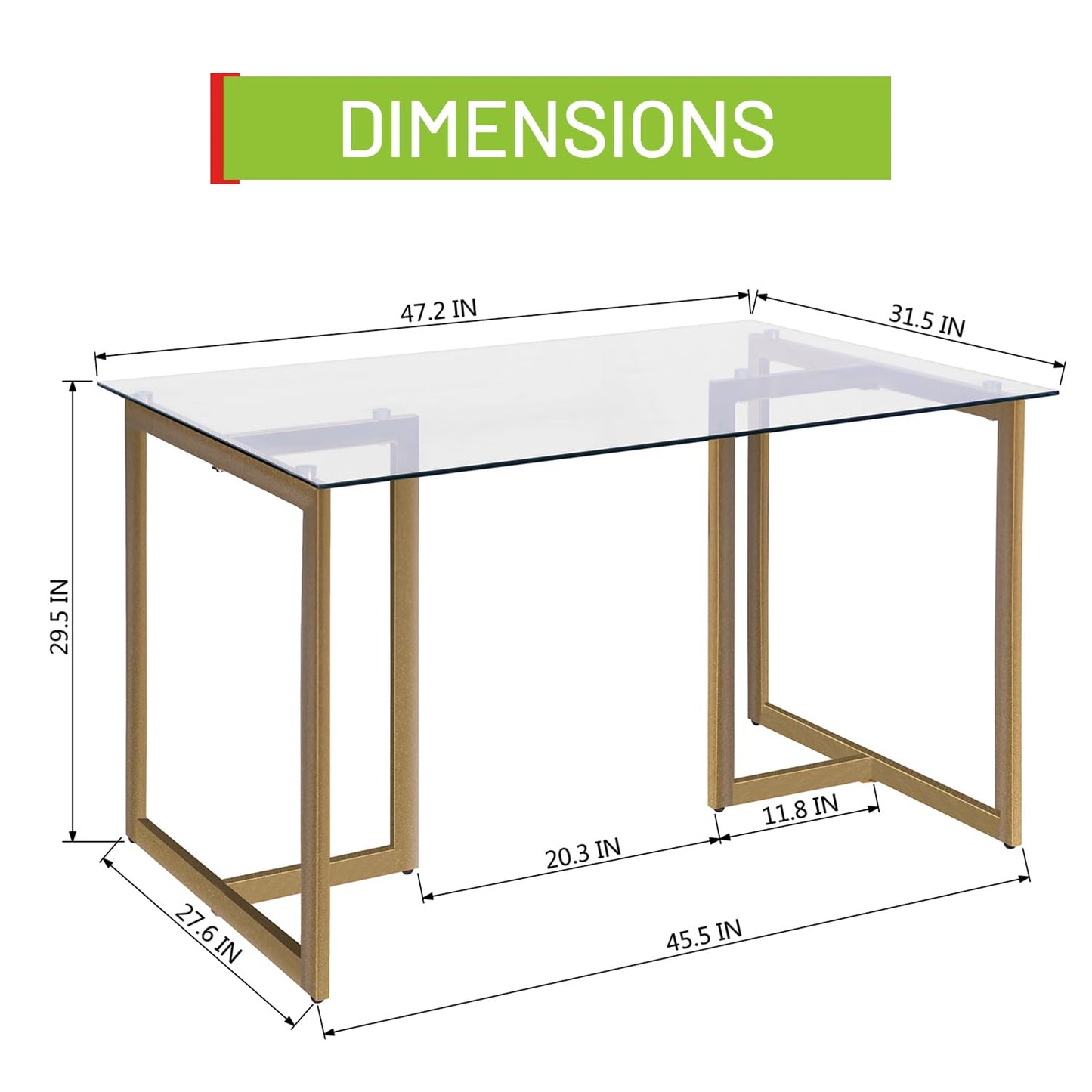 FurnitureR 47" Modern Rectangular Spacious Tempered Glass Tabletop & Gold Base Elegant Home Kitchen Room Dining Table, Gold