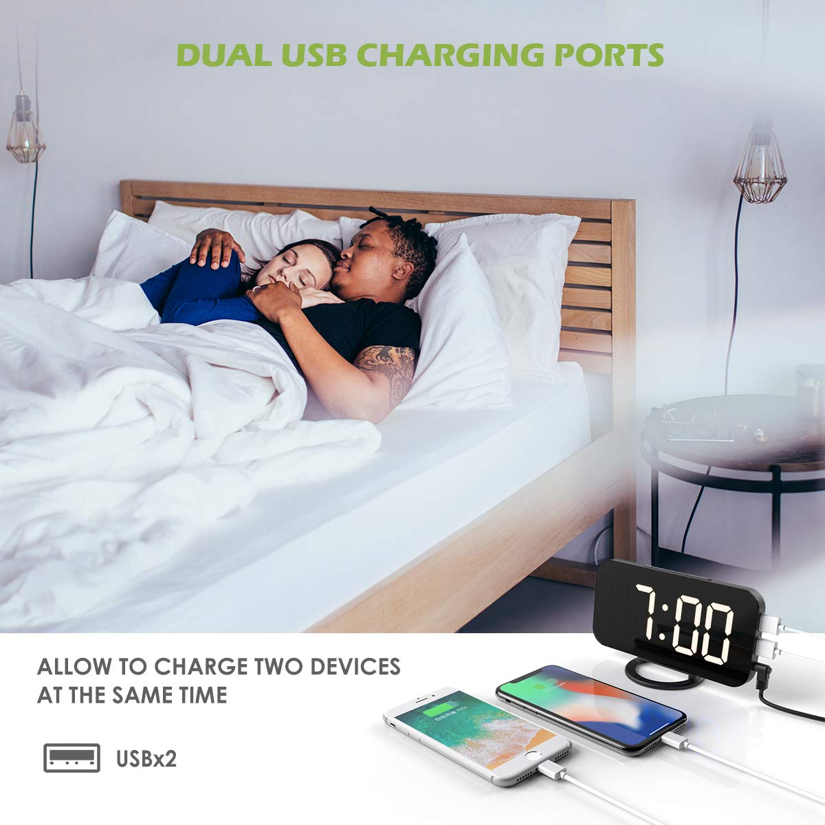 KeeKit Digital LED Alarm Clock, Large 6.5" Mirror Surface Alarm Clock with Dual USB Charging Ports, Snooze Function, Auto/Manual Adjustable Brightness, 12/24H Display for Home, Bedroom, Office - White