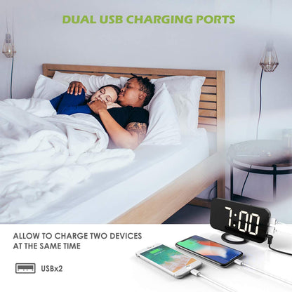 KeeKit Digital LED Alarm Clock, Large 6.5" Mirror Surface Alarm Clock with Dual USB Charging Ports, Snooze Function, Auto/Manual Adjustable Brightness, 12/24H Display for Home, Bedroom, Office - White