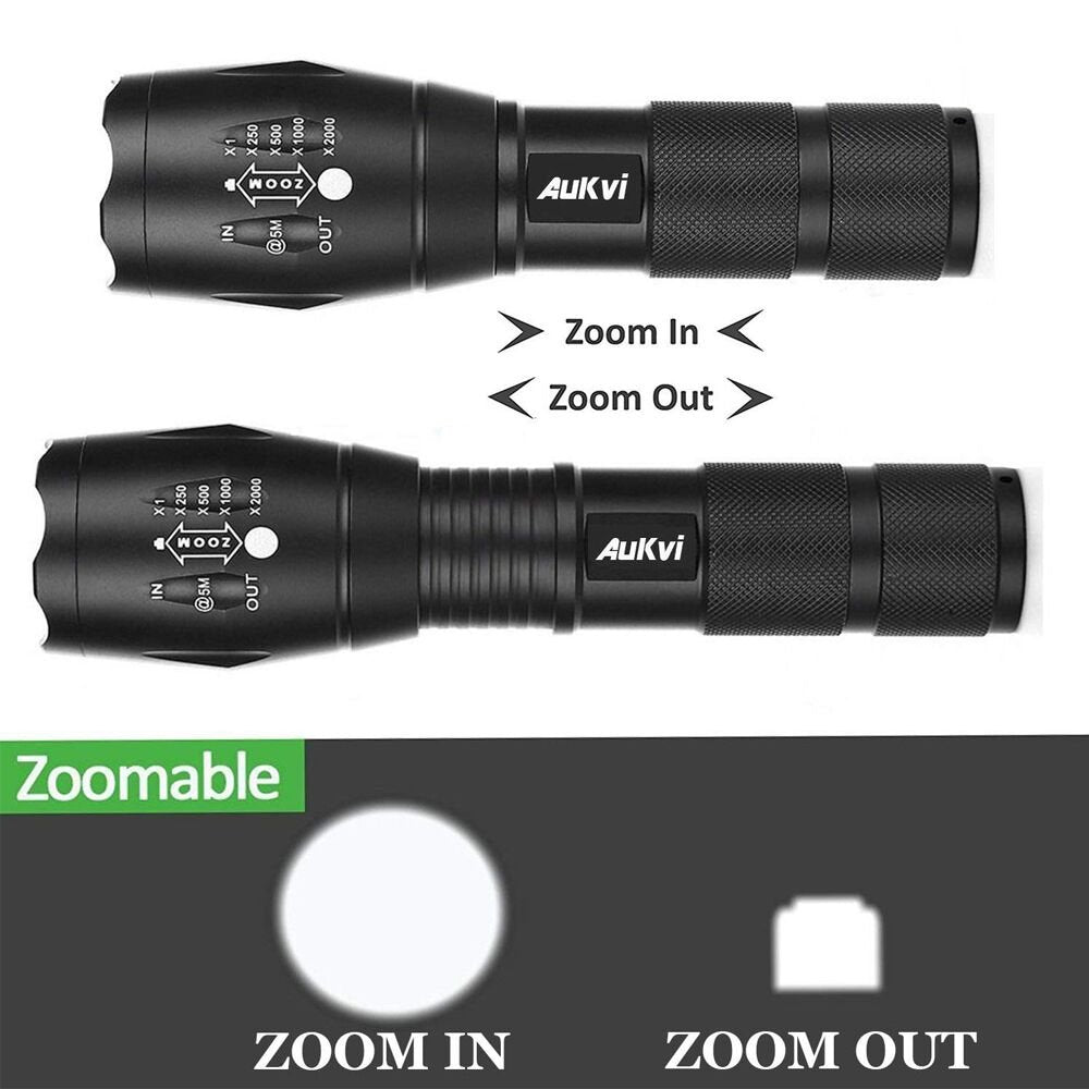 AuKvi TC1200 Tactical Flashlight 3000 Lumens Zoomable 5 Modes for Hurricane Camping Hiking etc (2-Pack)