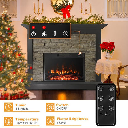 45 Inch Electric Fireplace with Mantel, Tall Fire Place Heater Freestanding with Remote Control Timer LED Flame for Living Room Bedroom, Brown