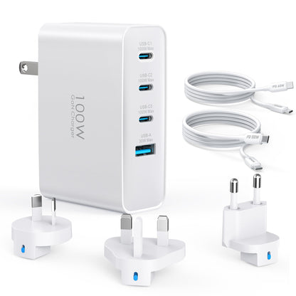 Topadre 100W USB C Travel Charger, 4-Ports Foldable Travel Adapter Plug Converter with UK/EU/AU Plugs,Fast Charging for Macbook Pro/Air,for iPad Pro/iPhone 16/15 Pro Max, for 45w Samsung Galaxy, White