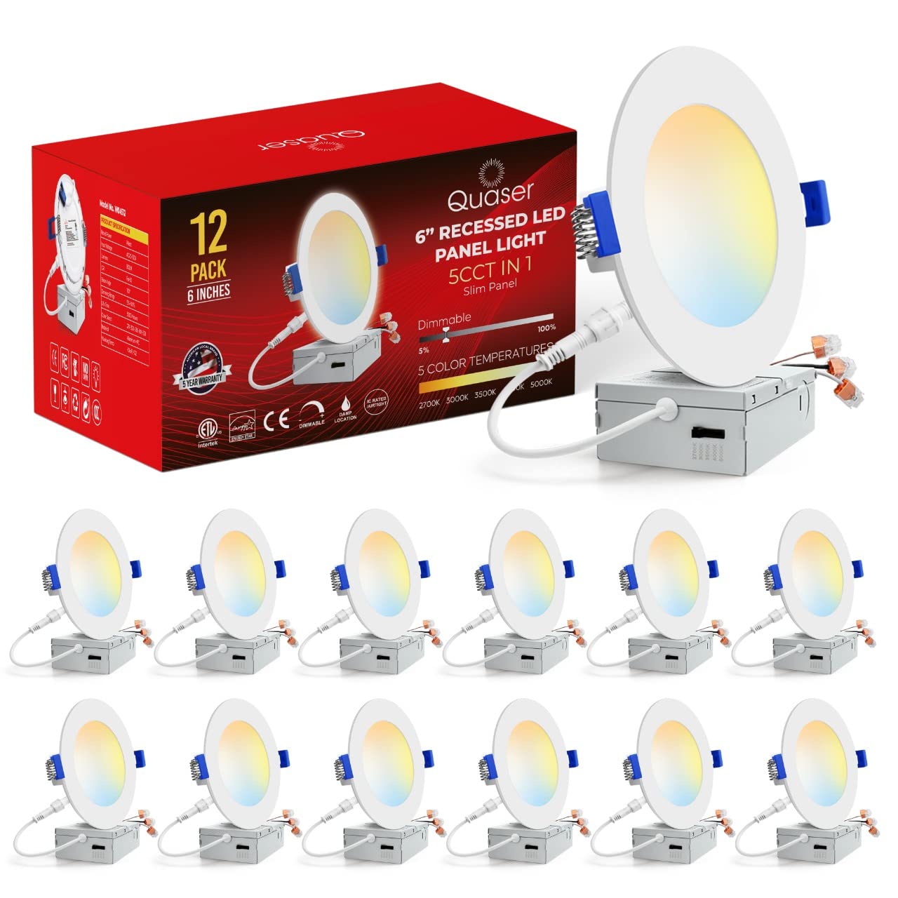 Quaser 12-Pack 6inch LED Recessed Light with Junction Box - 5 Different Color Temperatures CRI 85> 13W Dimmable 1080LM Canless LED Recessed Light - ETL Energy Star Certified