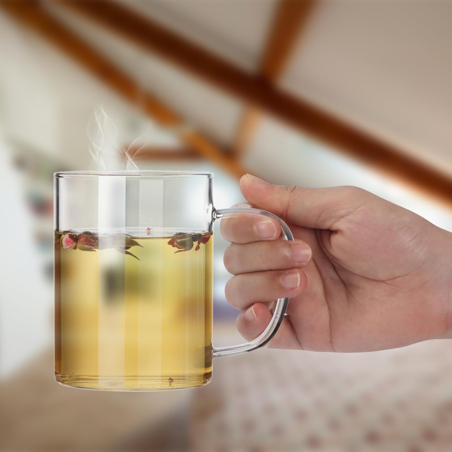 HORLIMER 15 oz Glass Coffee Mugs Set of 6, Clear Coffee Cup with Handle for Tea Cappuccino Latte Milk Juice Hot and Cold Beverages