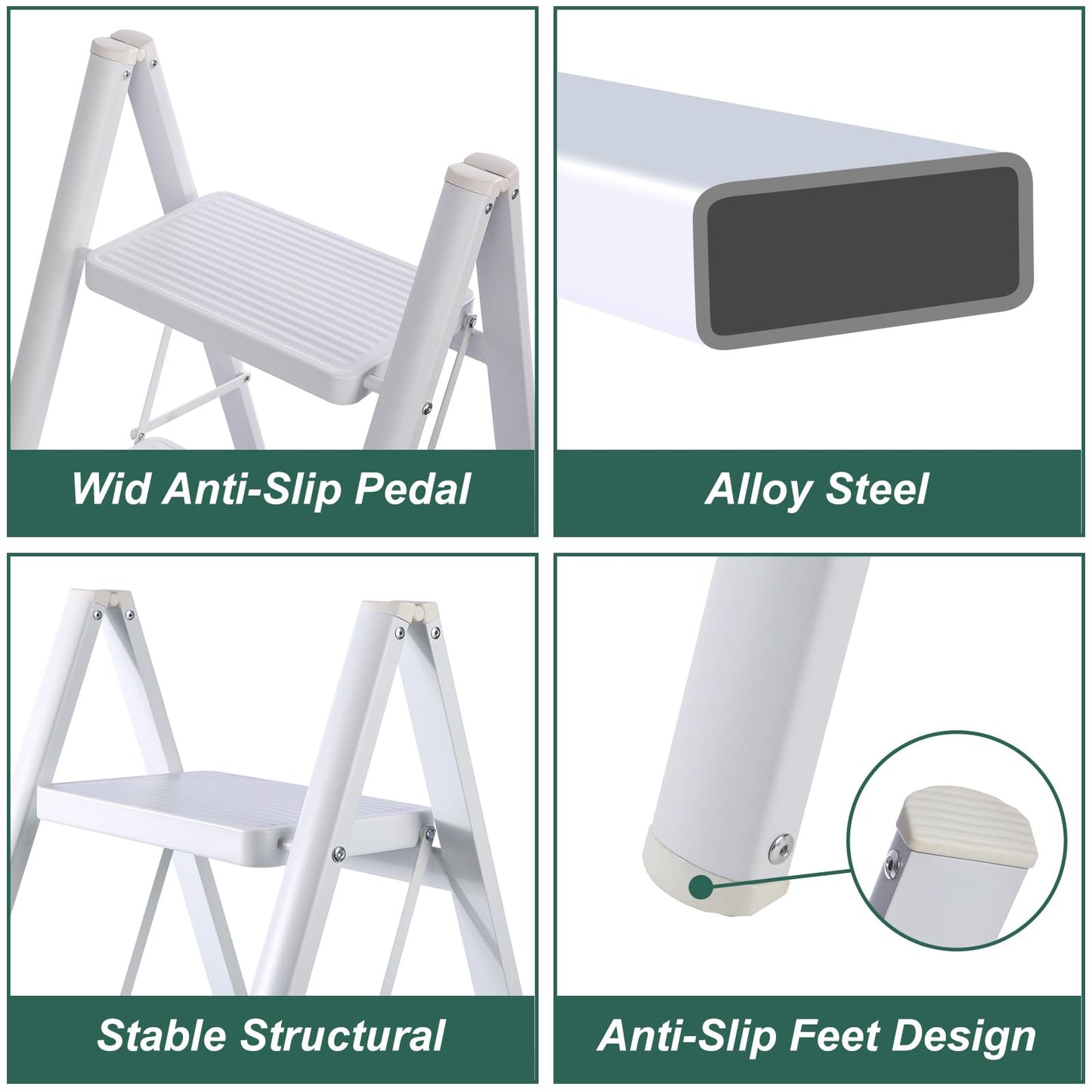 TOOLITIN 4 Step Ladder, Folding Step Stool for Adults with Wide Anti-Slip Pedal, Lightweight, Perfect for Kitchen& Household, Library Office,330lbs Capacity Sturdy Steel Ladder,White