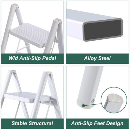 TOOLITIN 4 Step Ladder, Folding Step Stool for Adults with Wide Anti-Slip Pedal, Lightweight, Perfect for Kitchen& Household, Library Office,330lbs Capacity Sturdy Steel Ladder,White